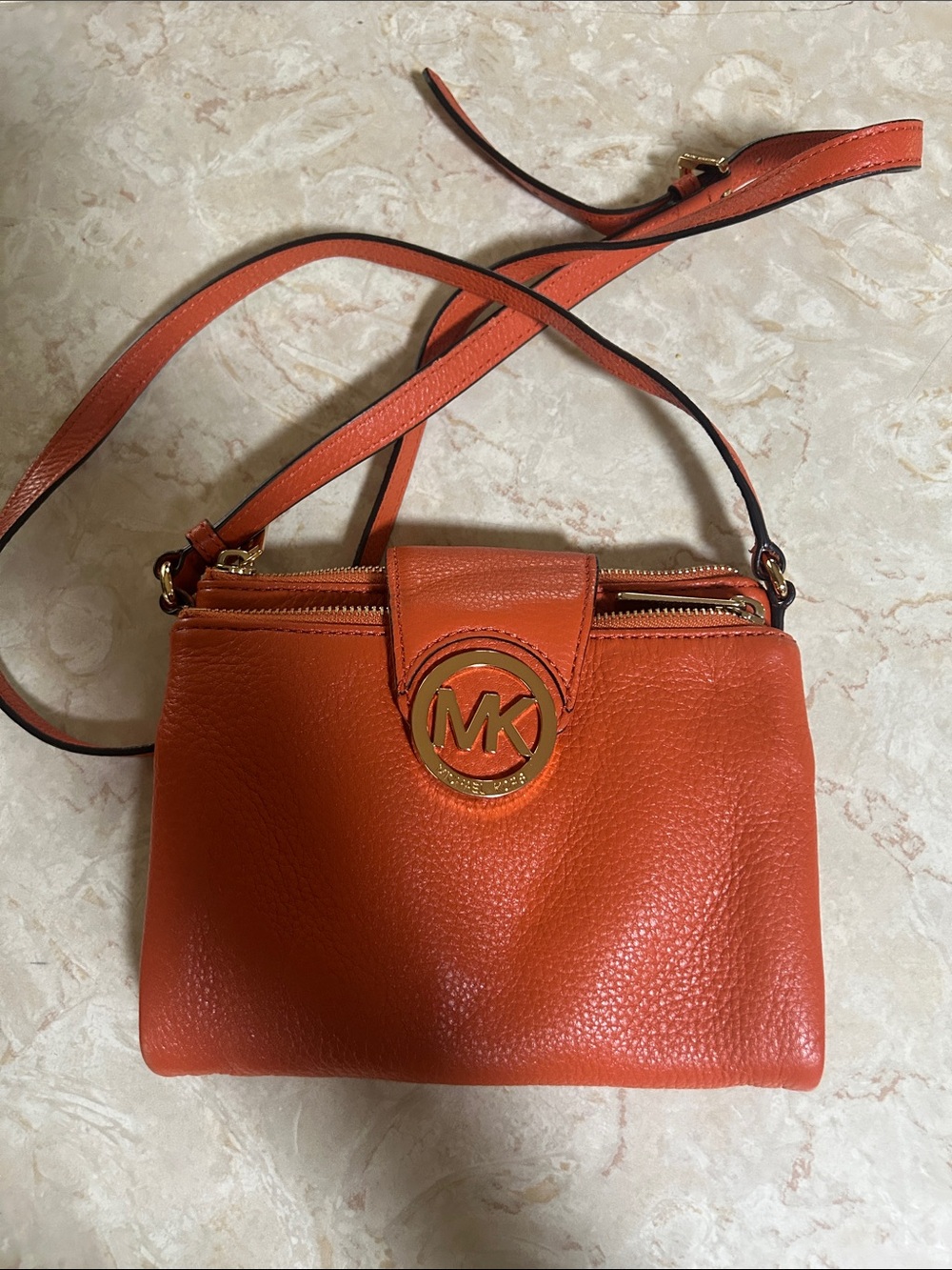 MICHAEL Michael Kors Orange Pebbled Leather Crossbody with Gold Logo